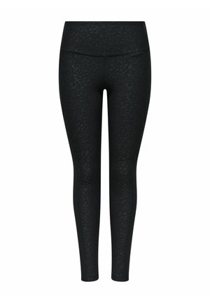 Zwarte leggings met een getextureerd, subtiel luipaardprintpatroon. Ze hebben een hoge tailleband en een strakke pasvorm, geschikt voor actieve kleding.