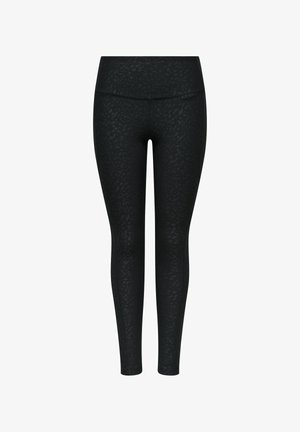 Leggings neri con un motivo a stampa leopardata sottile e testurizzato. Presentano una vita alta e una silhouette aderente, adatti per l'abbigliamento sportivo.