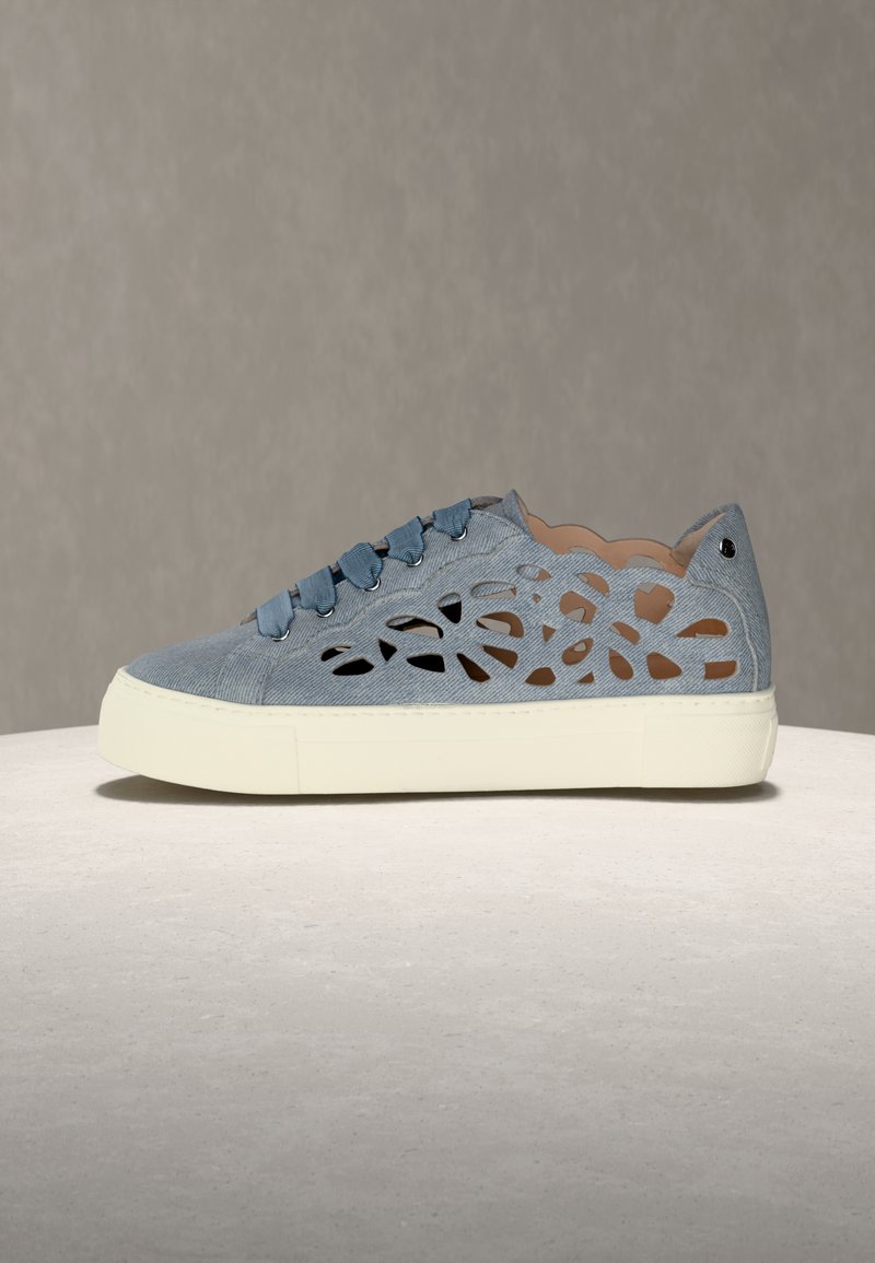 Baskets décontractées bleu clair avec motifs géométriques ajourés, lacets style ruban et semelle blanche épaisse sur fond neutre.