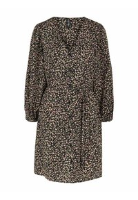 Vestito floreale con sfondo nero, caratterizzato da piccoli fiori rosa e bianchi, scollatura a V, lunghe maniche a palloncino e una cintura da annodare in vita.
