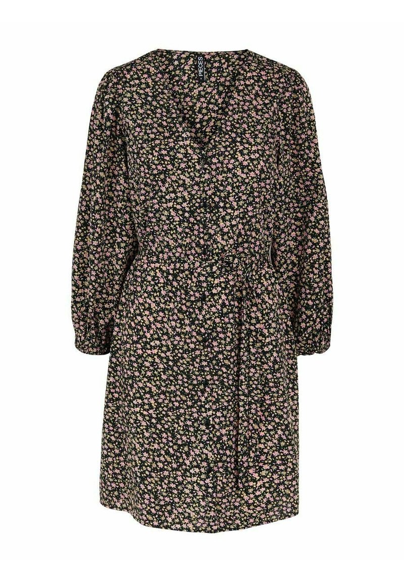Vestito floreale con sfondo nero, caratterizzato da piccoli fiori rosa e bianchi, scollatura a V, lunghe maniche a palloncino e una cintura da annodare in vita.