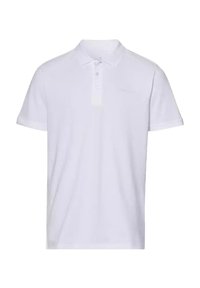 Biała koszulka polo z krótkim rękawem, zapinana na trzy guziki, z subtelnym logo na piersi. Wykonana z gładkiej bawełnianej tkaniny.