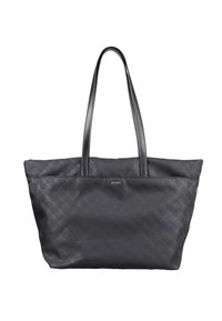 Sac cabas matelassé noir avec de longues anses et une finition lisse, présentant un motif subtil et un logo au centre.