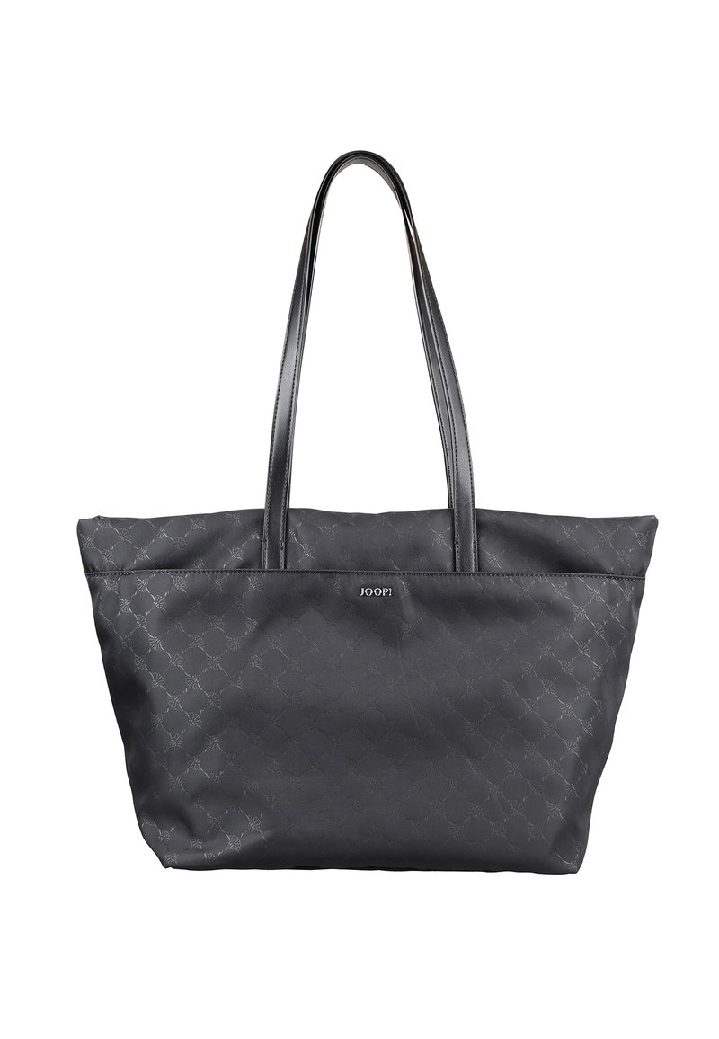 Sac cabas matelassé noir avec de longues anses et une finition lisse, présentant un motif subtil et un logo au centre.