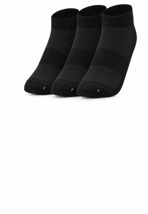 Drei Paar schwarze, niedrig geschnittene Knöchelsocken mit der Größenangabe 7 auf den Zehen, nebeneinander dargestellt.