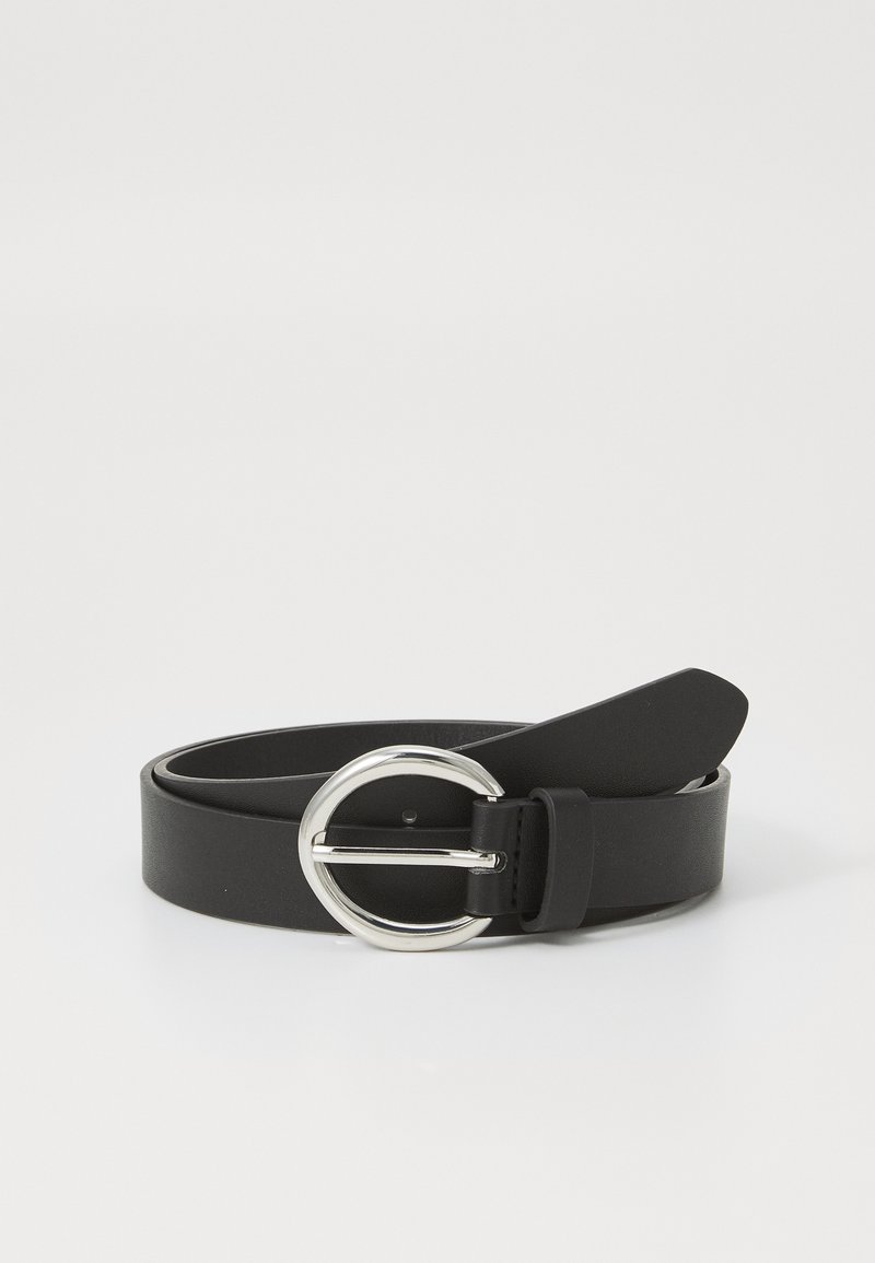 Black leather belt featuring a round silver buckle, smooth texture, and a clean design. The strap is adjustable with a pointed end.