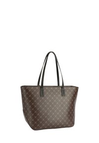 Sac fourre-tout marron avec un motif subtil, poignées grises robustes et une forme structurée dotée d'une large ouverture et d'un fond plat.