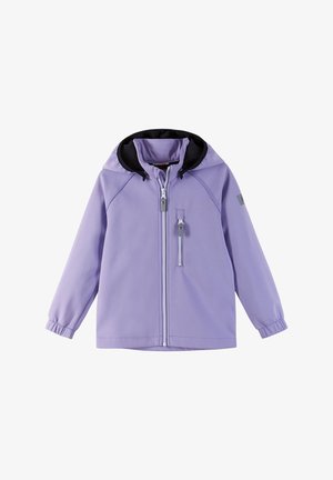 Lila Softshelljacke mit schwarzem Innenfutter, Frontreißverschluss, elastischen Bündchen und Brusttasche. Verfügt über eine Kapuze und ein gestepptes Design.