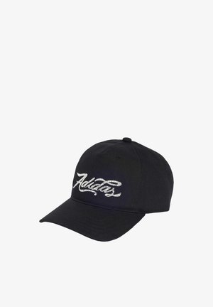 Black baseball cap with curved brim displaying white embroidered stylized text on front panel.