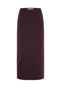 Burgunderfarbene, knielange Bleistiftrock mit glatter Stofftextur, schmaler Silhouette und einem einfachen Bund ohne sichtbare Verschlüsse.