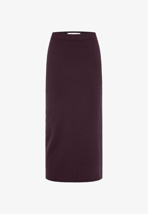 Burgundy, knee-length pencil skirt featuring a smooth fabric texture, a fitted silhouette, and a simple waistband with no visible fasteners.