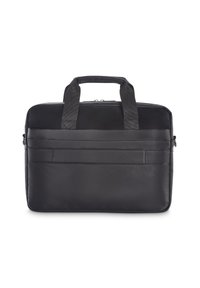 Schwarze rechteckige Aktentasche mit zwei Griffen, vorderer Einschubtasche und doppeltem Reißverschluss, vor einem weißen Hintergrund abgebildet.