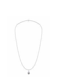 Hõbedast kett-kaelakee, millel on väike, läbipaistev kalliskivi ripats, peene disaini ja siledapinnaline.