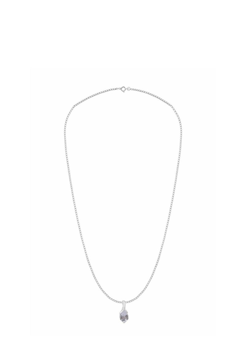 Hõbedast kett-kaelakee, millel on väike, läbipaistev kalliskivi ripats, peene disaini ja siledapinnaline.