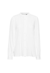 Weißes Longsleeve-Hemd mit hohem Kragen, Knopfverschluss, Rüscheneinsatz auf der Vorderseite und gerafften Manschetten. Hergestellt aus leichtem Stoff.