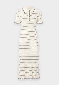 Robe polo en tricot crème avec des rayures horizontales bleu marine, manches courtes évasées et ourlet festonné. Elle possède une patte de boutonnage à trois boutons.