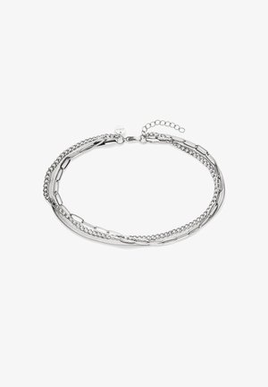 Silberne mehrreihige Kettenarmband mit gemischten Gliederformen und verstellbarem Verschluss vor weißem Hintergrund.
