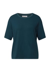 Maglietta in cotone blu petrolio con maniche corte, scollatura rotonda e vestibilità rilassata; presenta una texture leggera e morbida.