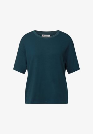 Turquoise katoenen T-shirt met korte mouwen, ronde halslijn en een ontspannen pasvorm; heeft een lichte en gladde textuur.