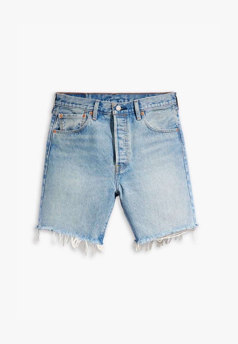 Light blue denim shorts with frayed hems, front button, zipper closure, belt loops, and five-pocket design.