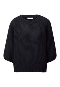 Musta neulepaita, jossa on rento istuvuus, pyöreä kaula-aukko ja ilmavat hihat. Teksturoitu kangas ja ribbireuna alaosassa.