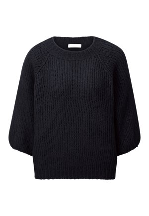 Pull en maille noire à coupe ample, col rond et manches bouffantes. Tissu texturé avec un ourlet côtelé en bas.