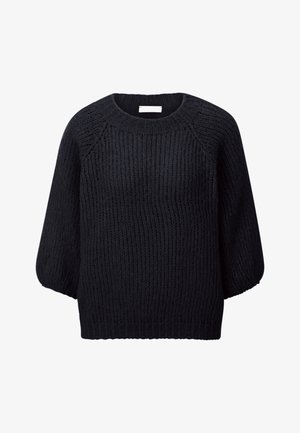 Fekete kötött pulóver, laza szabással, kerek nyakú és ballon ujjakkal. Texturált anyag, bordás szegéllyel az alján.