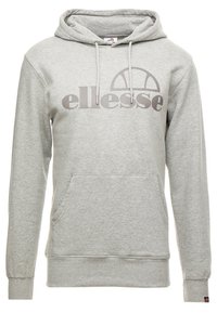 Sudadera con capucha gris fabricada con mezcla de algodón, que cuenta con un gran bolsillo frontal, puños acanalados y un logo impreso en un tono gris más oscuro.