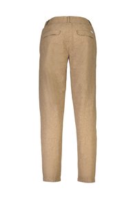 Beige linnebyxor med rak passform, med en standard midja, två bakfickor och en jämn textur.