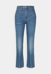 Jeans de mezclilla azul con una cintura alta, piernas rectas y un dobladillo ligeramente acampanado. Presenta un solo botón en la parte frontal y un diseño clásico de cinco bolsillos.