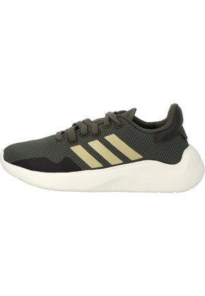 Dark green athletic shoes with black accents, mesh material, three light tan stripes on the side, and a textured white outsole.