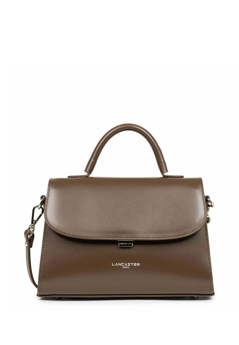 Borsa a mano in pelle marrone con un design strutturato, dotata di manico superiore e tracolla removibile. Accenti del logo sul davanti.