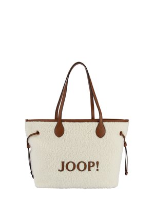 Sac fourre-tout en fausse fourrure blanche avec des poignées et des bords en cuir marron, arborant un logo brodé bien en vue "JOOP!" en marron.