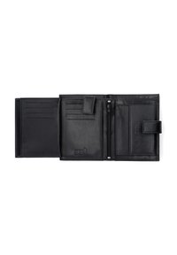 Czarny skórzany portfel z wieloma miejscami na karty, zamykanym na zamek kieszonką oraz z magnetycznym zapięciem. Wyposażony w logo ochrony RFID.