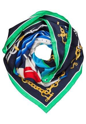 Foulard en soie aux couleurs bleu marine, vert, bleu, blanc et rouge, présentant des motifs de chaînes dorées et de cordages nautiques, plié en forme circulaire.