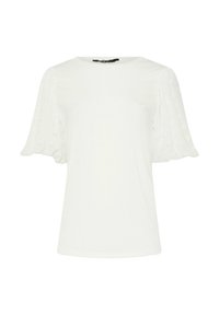 Top bianco a maniche corte con spalle a sbuffo morbide e scollo rotondo. Tessuto liscio, design semplice, senza decorazioni visibili.