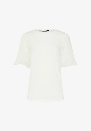 White short-sleeve top with soft, textured puff shoulders and a round neckline. Smooth fabric, simple design, no visible embellishments.