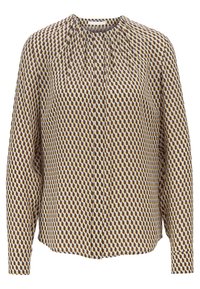 Blouse à motif avec un design géométrique en marron, crème et jaune. Manches longues, décolleté rond et détails froncés aux épaules.