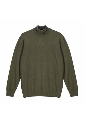 Pull-over vert olive à manches longues, col avec fermeture éclair sur un quart de la hauteur, et petit logo brodé sur la poitrine gauche.