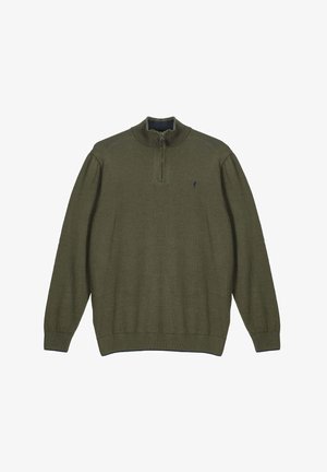 Pull-over vert olive à manches longues, col avec fermeture éclair sur un quart de la hauteur, et petit logo brodé sur la poitrine gauche.