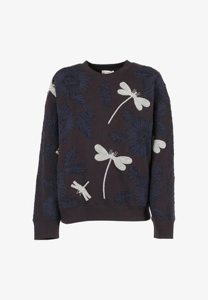 Felpa scura a maniche lunghe con motivi floreali blu ricamati e disegni di libellule argentate su davanti e maniche.