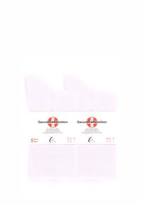 Cinque paia di calzini bianchi per la salute, realizzati in tessuto morbido, progettati senza bande elastiche, etichettati con informazioni sul prodotto in tedesco.