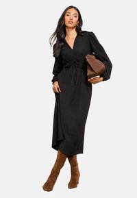 REGULAR FIT V-NECK COLLAR LONG SLEEVE MIDI - Freizeitkleid - black