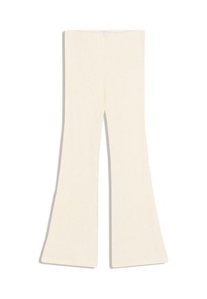 Cream-colored ribbed knit pants with a flared leg design, shown flat on a white background.