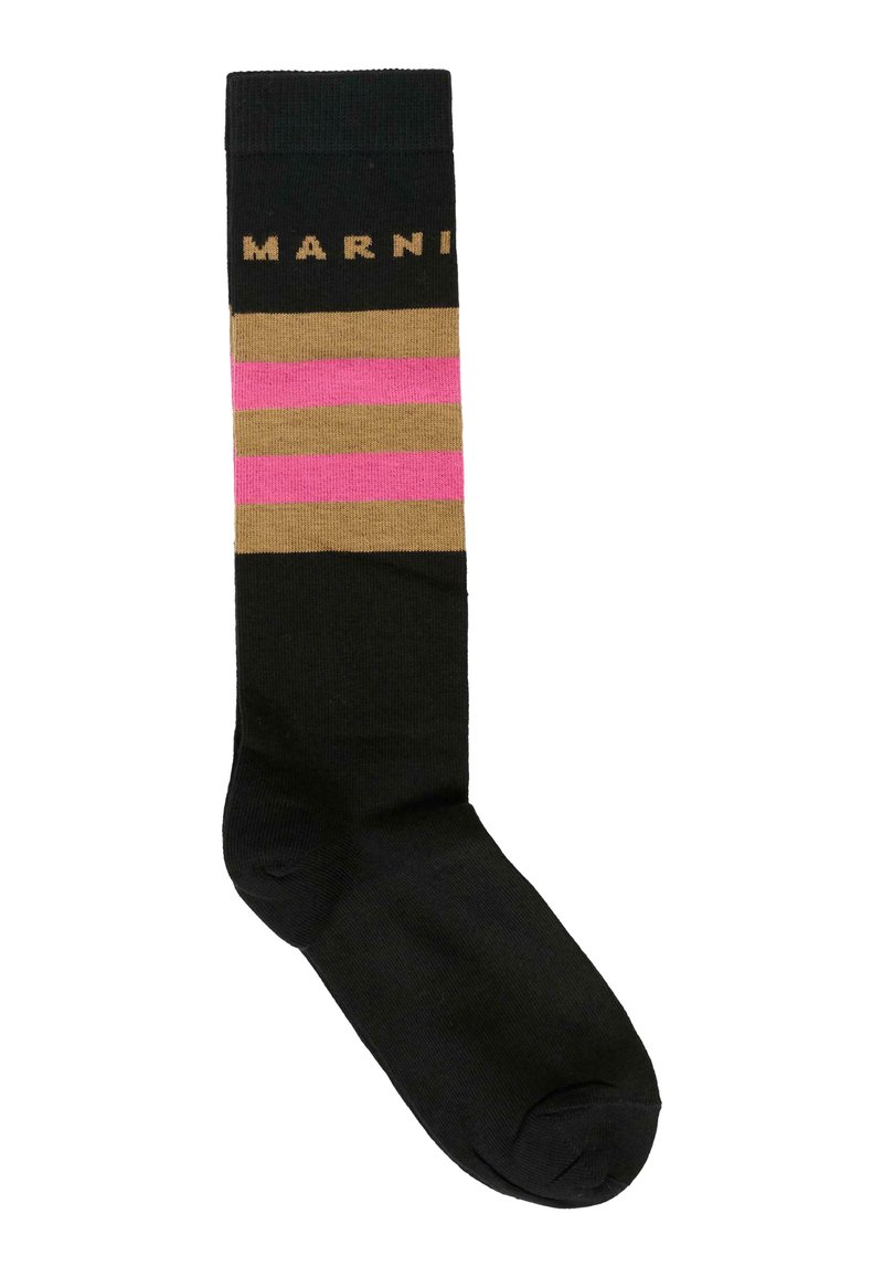 Calze nere fino al ginocchio con tre righe orizzontali in rosa e beige, con la parola "MARNI" lavorata vicino alla parte superiore in un colore contrastante.
