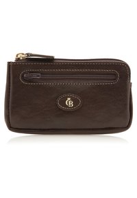 Bruine leren portemonnee met een gestructureerde oppervlakte, voorzien van een ritsvak, gouden accenten en een geperst logo. Naaddetails rond de randen.