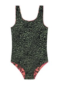Maillot de bain une pièce présentant un motif imprimé animal vert et noir avec des accents roses le long de l'encolure et des ouvertures de jambe.