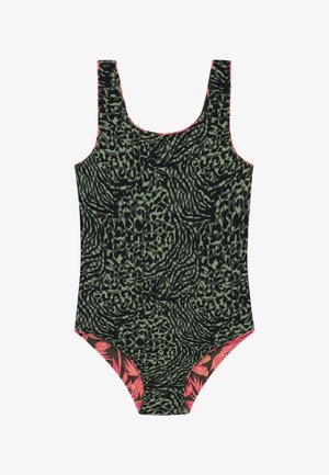 Viena gabala peldkostīms ar zaļu un melnu dzīvnieku rakstu, kam ir rozā akcenti ap kakla izgriezumu un kāju atverēm.