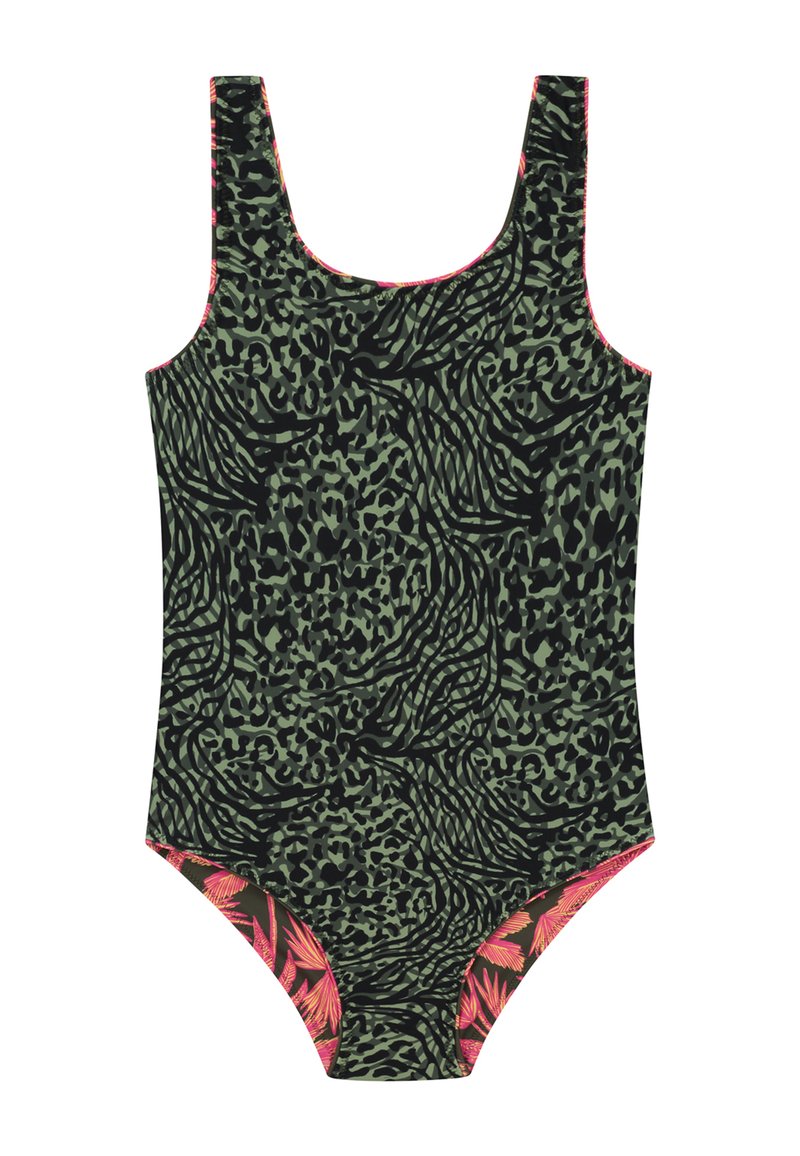 Maillot de bain une pièce présentant un motif imprimé animal vert et noir avec des accents roses le long de l'encolure et des ouvertures de jambe.