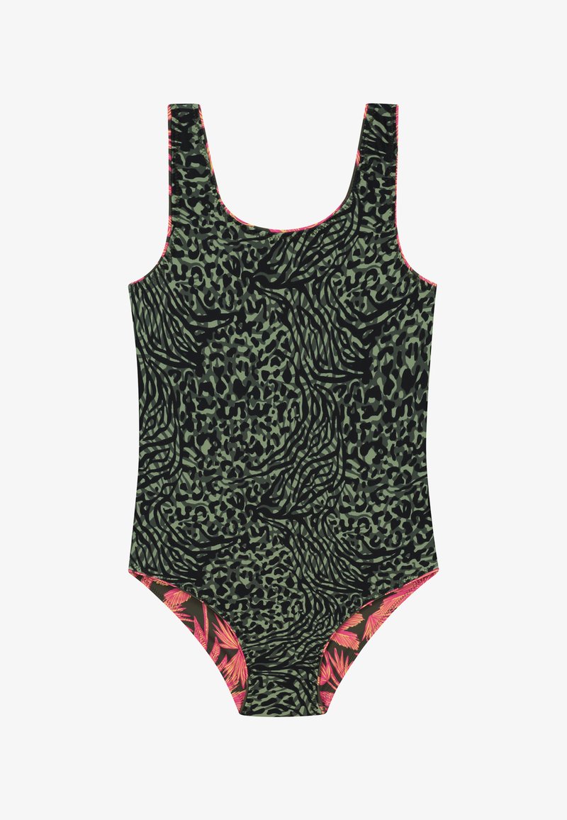Jednodílné plavky s potiskem zvířecího vzoru v zelené a černé barvě a s růžovými akcenty kolem výstřihu a lemu nohavic.